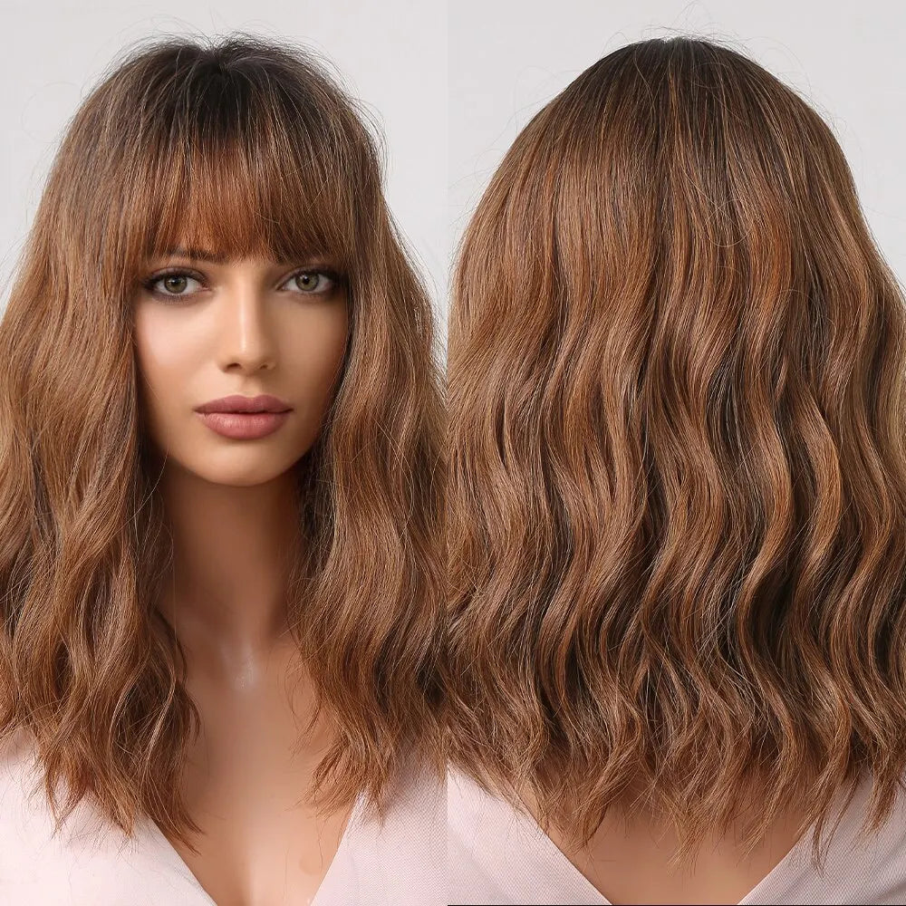 Heat Resistant Short Wavy Bob Wig With Bangs for Women