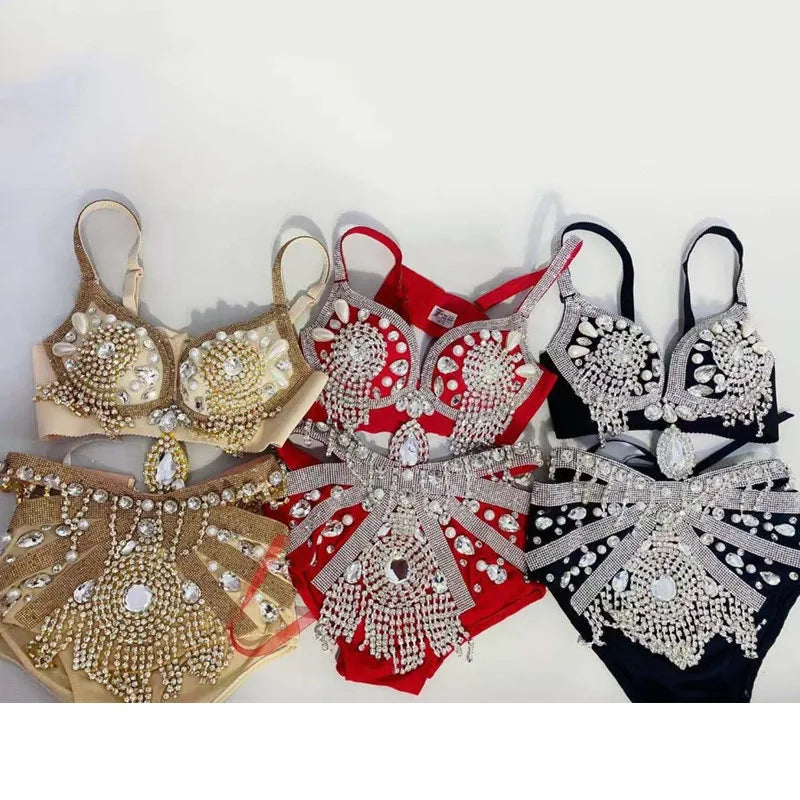 Gold Rhinestone Belly Dance Bikini Costume for Women