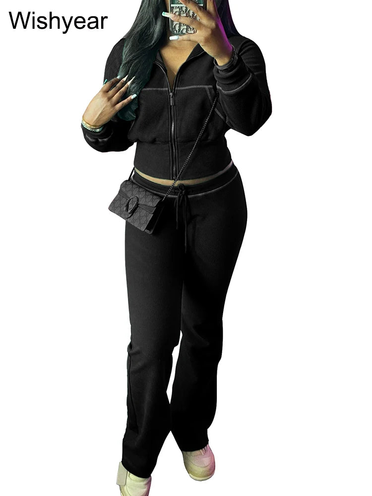 Waffle Knit Two Piece Flared Pants Tracksuit Set for Women