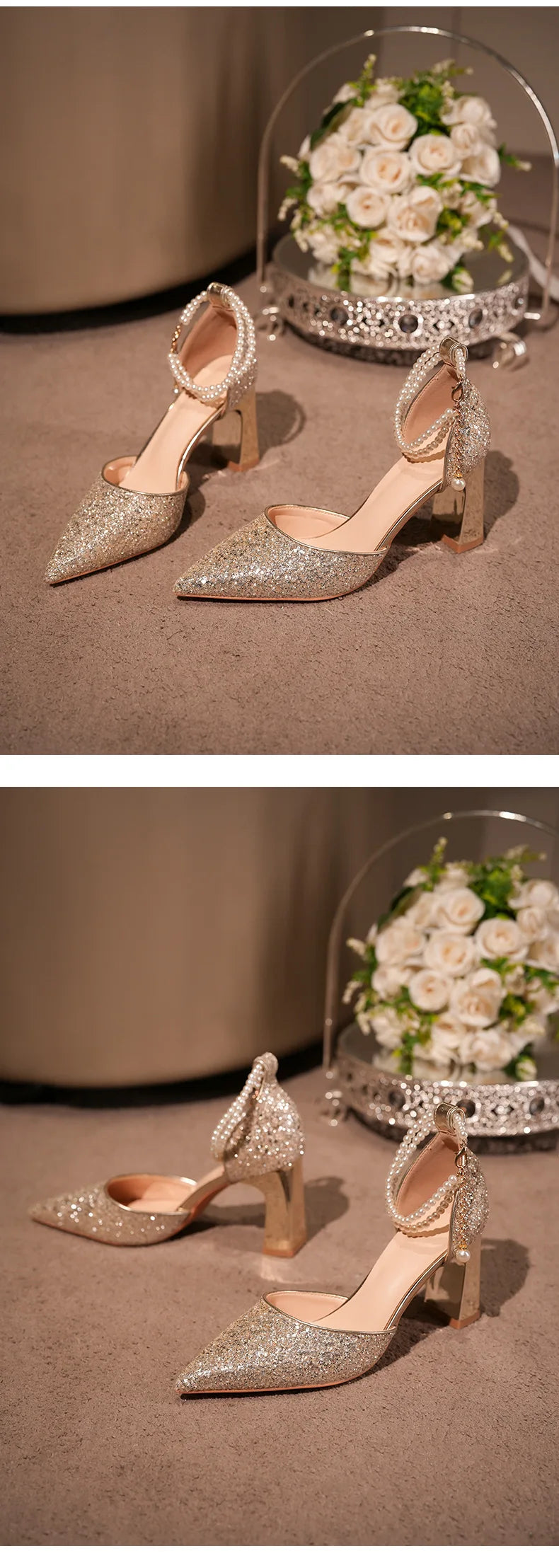 Pearl Embellished High Heel Ankle Strap Sandals for Women
