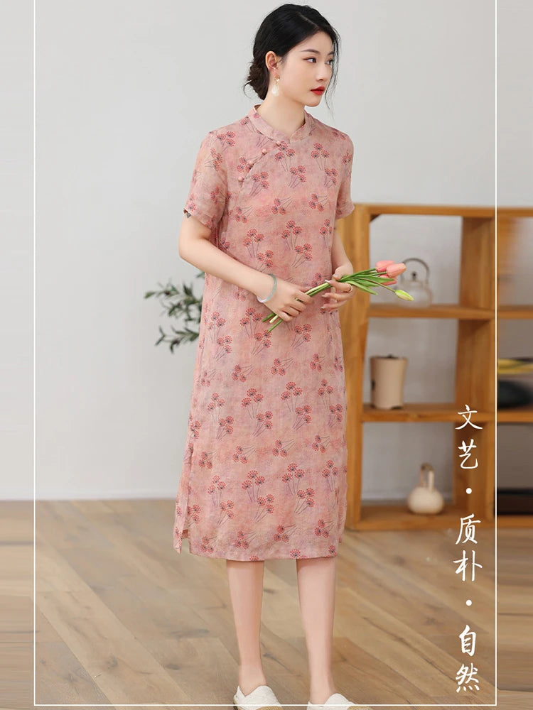 Elegant Floral Vintage Ramie Cheongsam Dress for Women