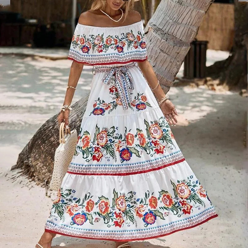 Floral Print Off Shoulder High Waist Dress for Women