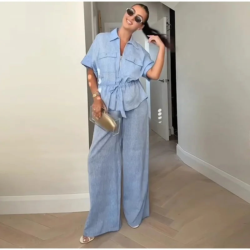 Casual Solid Chic Coat And Wide Leg Trouser Set for Women