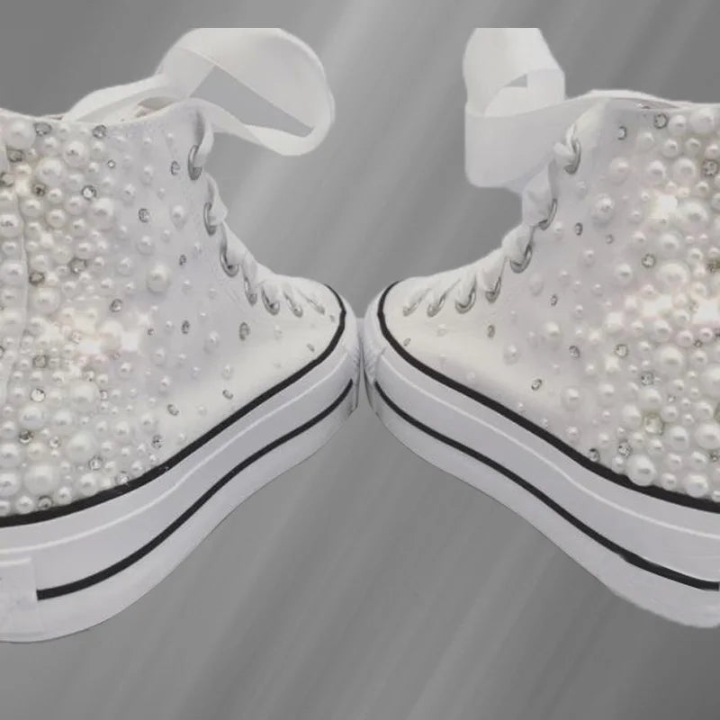 Pearl Rhinestone High Top Canvas Wedding Shoes for Women