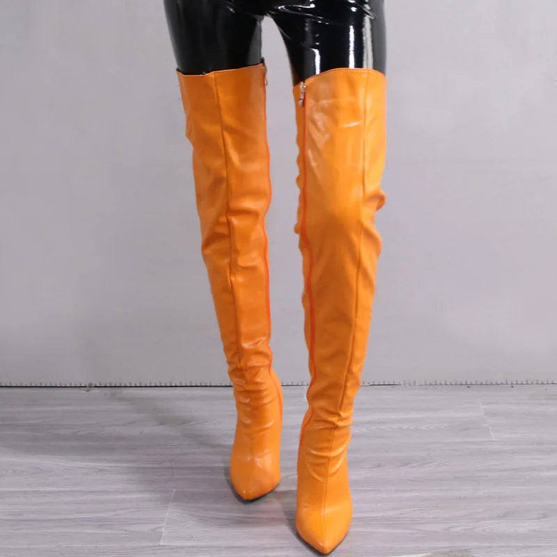 Fashion Leather Side Zipper Pointed Toe Stiletto Over The Knee Boots for Women