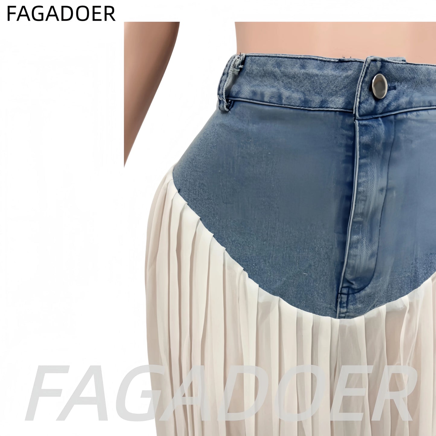 Spaghetti Strap Crop Top Denim Patchwork Two Piece Set for Women