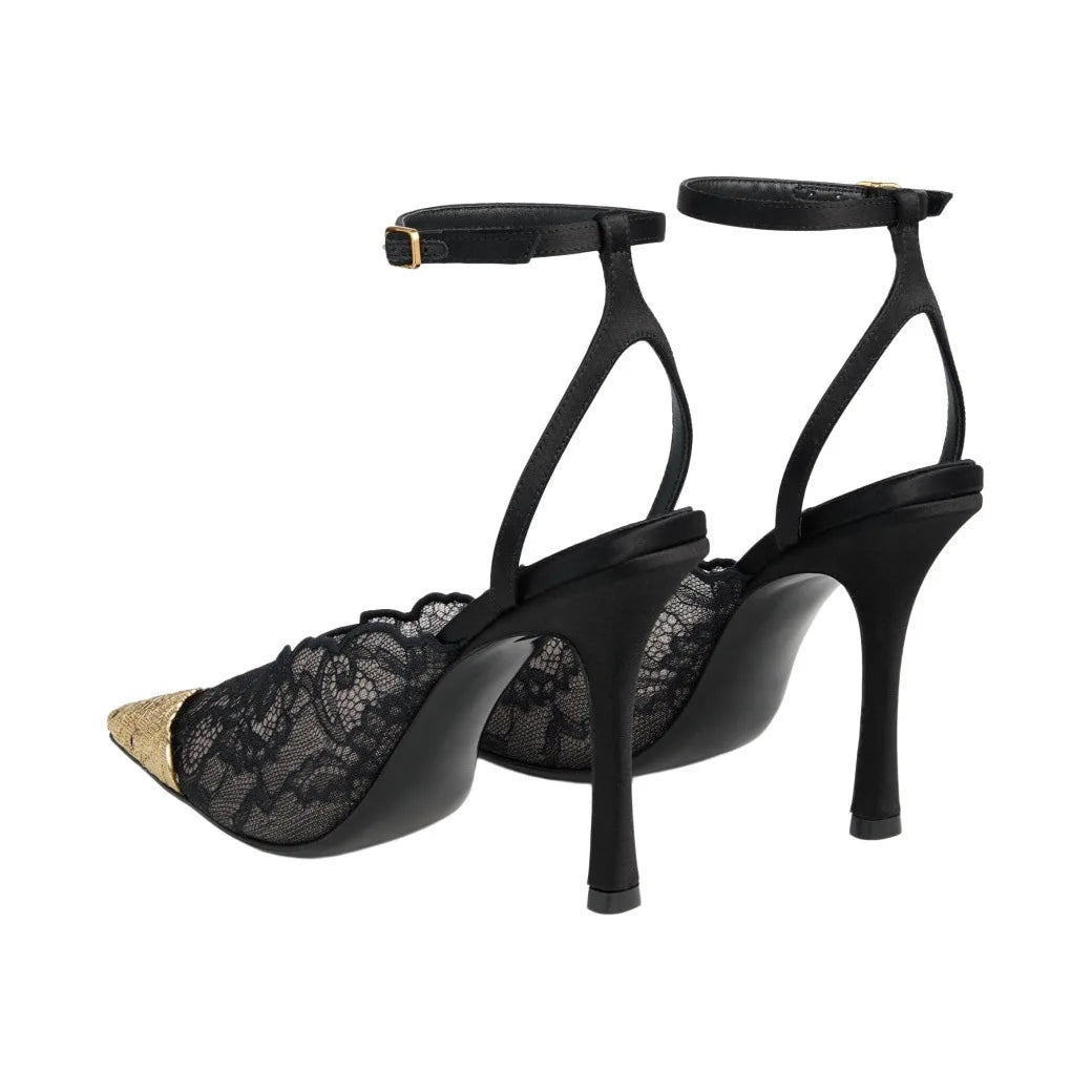 Lace Gold Embroidered Slingback Stiletto Heels for Women