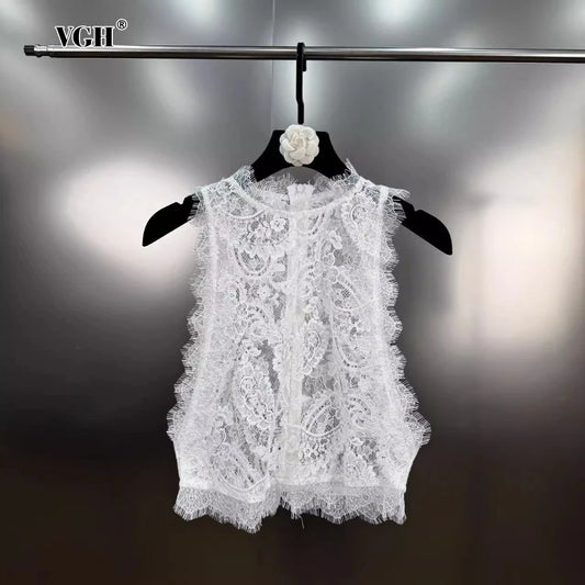 VGH Basics Vintage Spliced Zipper Sheer Vest for Women O Neck Sleeveless Slimming Spliced Lace Edge Temperament Tank Tops Female