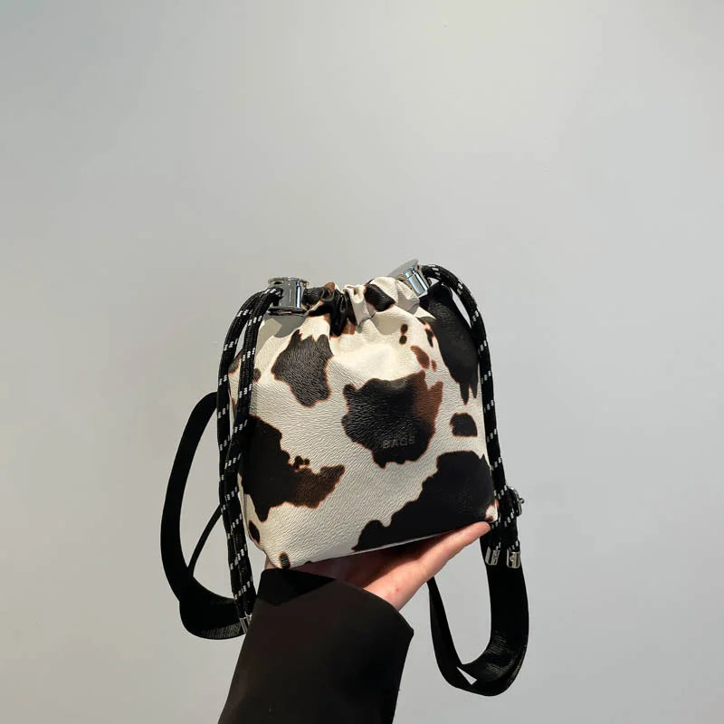 New Leopard Print Bag Fashion Cow Pattern Drawstring Bucket Bag Texture Brand Design Crossbody Bag Lady Versatile Storage Bag