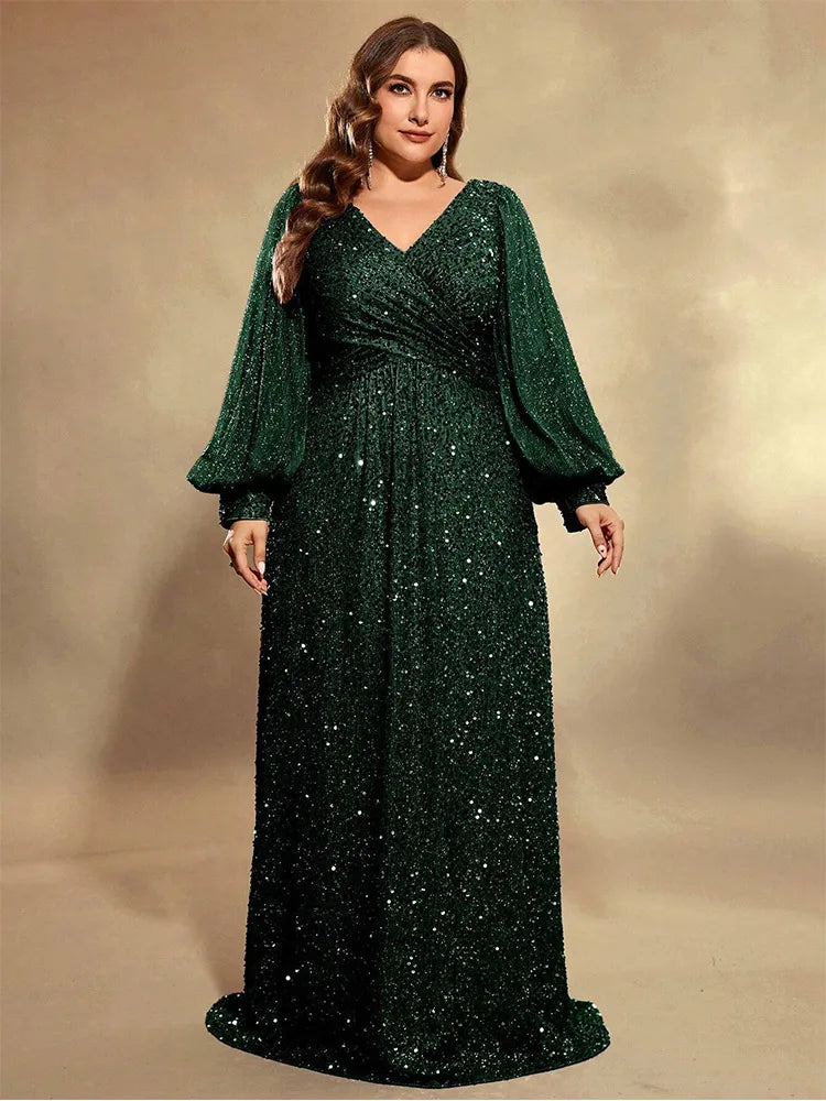 Plus Size V Neck Sequin Evening Dress