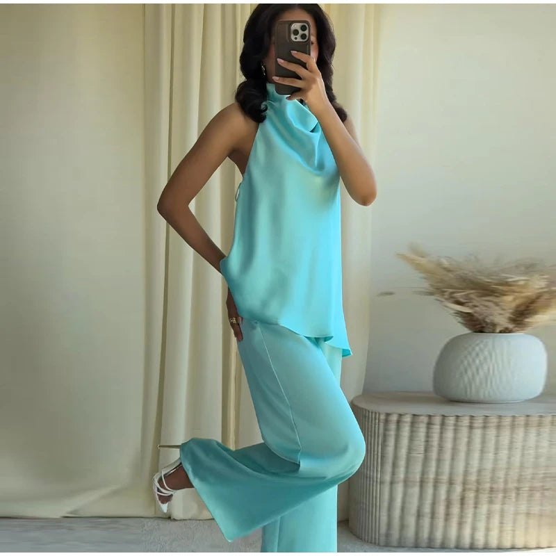 Turquoise Satin Cowl Neck Halter Top And Wide Leg Pants 2 Piece Set For Women
