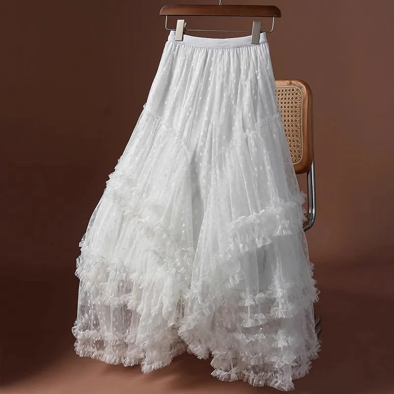 Romantic Vintage Jacquard Tulle Puff Skirt for Women