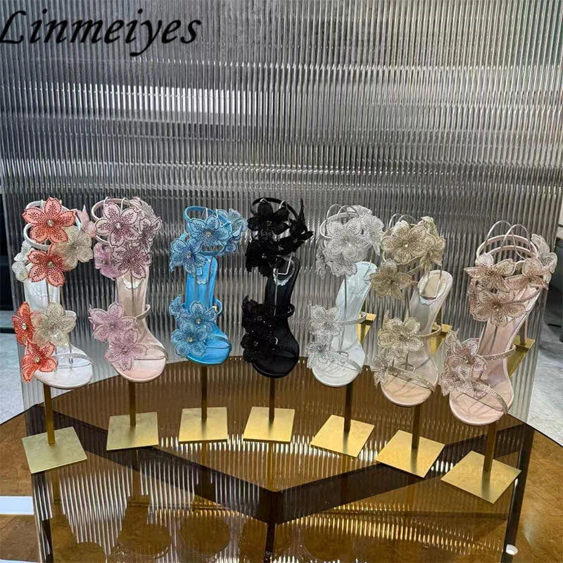 Rhinestone Flower Embellished Wedding High Heel Sandals for Women