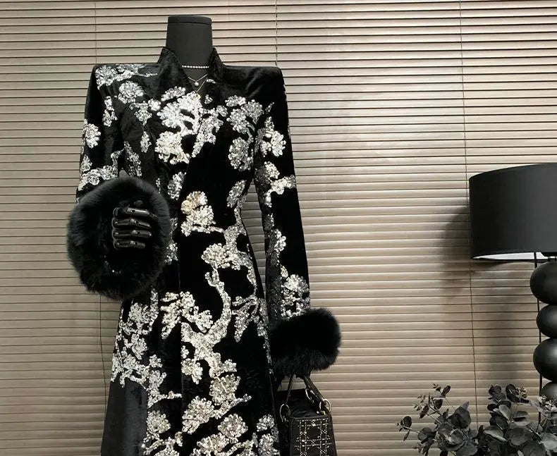Black Velvet Sequins Windbreaker Coat Autumn/Winter New English style Luxury Sequin Embroidered Women's Coat