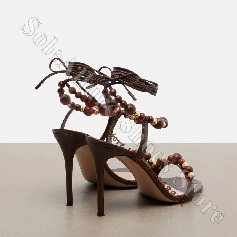 Metallic Gold Open Toe Lace Up Wood Bead Stiletto Sandals for Women