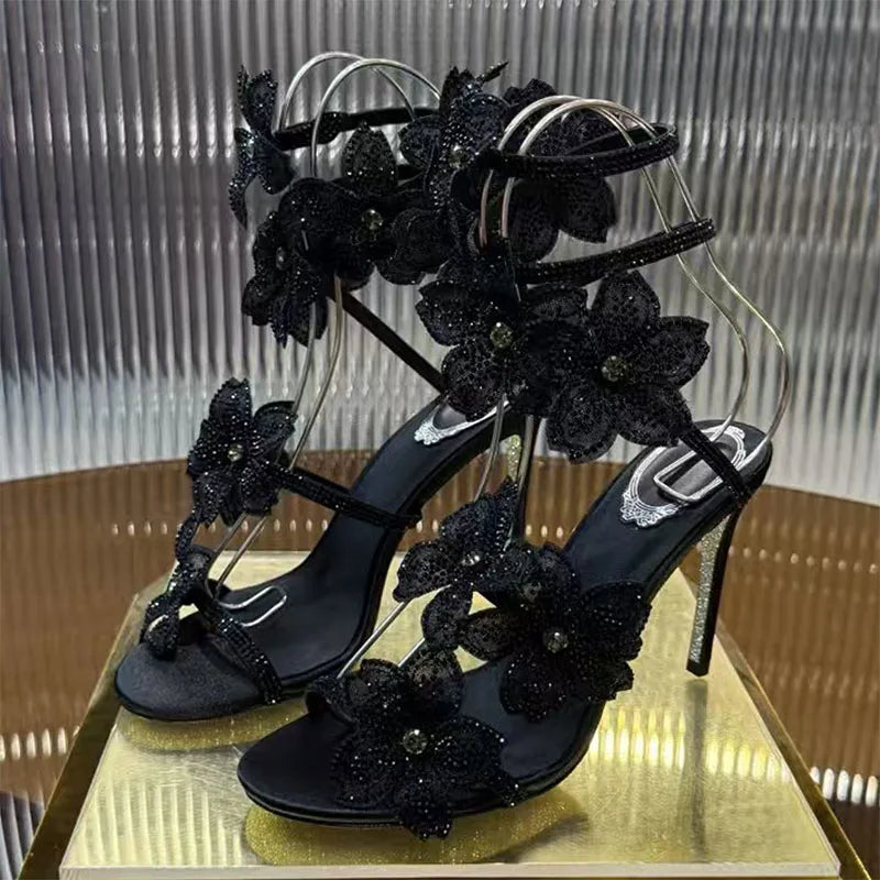 Rhinestone Flower Embellished Wedding High Heel Sandals for Women