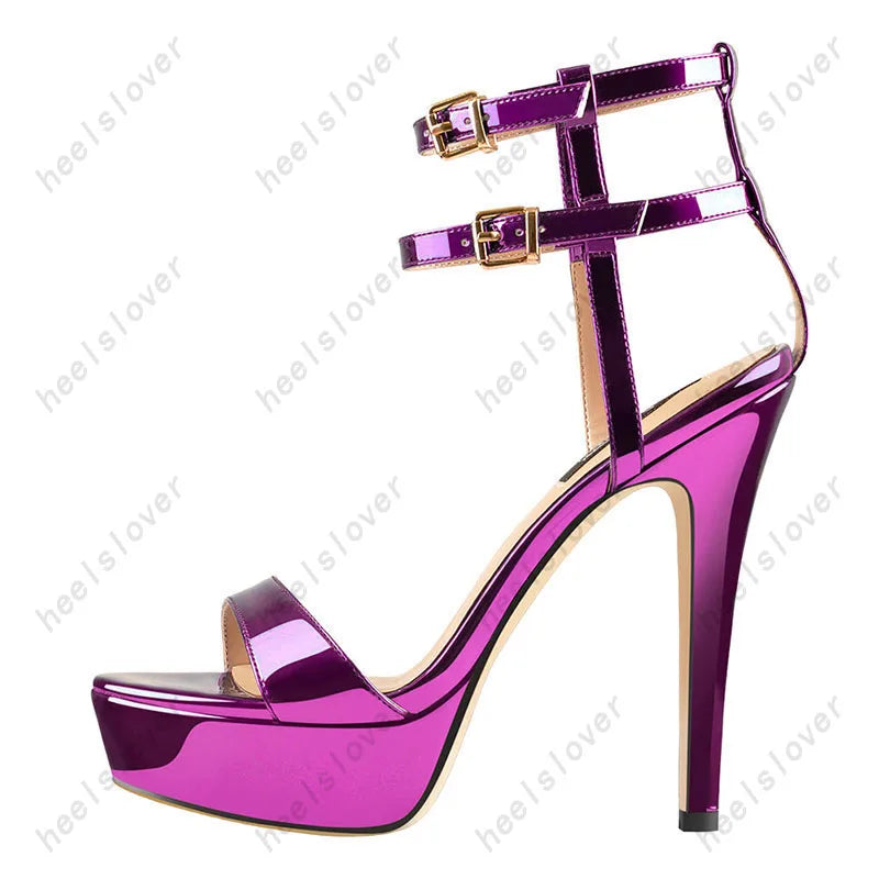 Glossy Blue Open Toe Platform Stiletto Sandals For Women