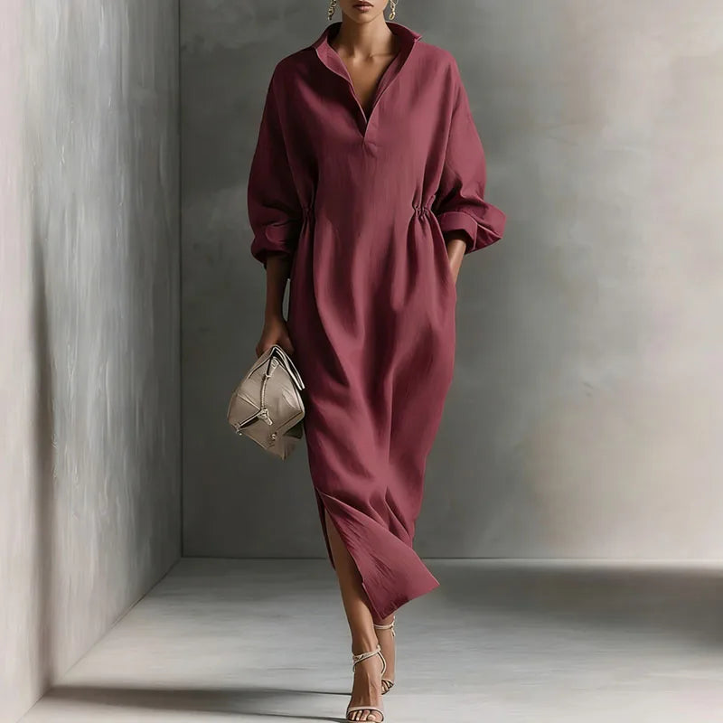 Elegant V Neck Long Sleeve Split Maxi Dress for Women