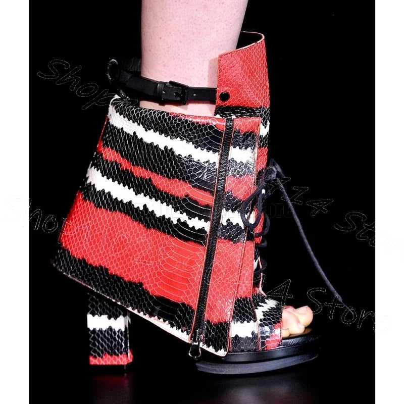 Elegant Snakeskin Strappy Chunky Heel Boots For Women