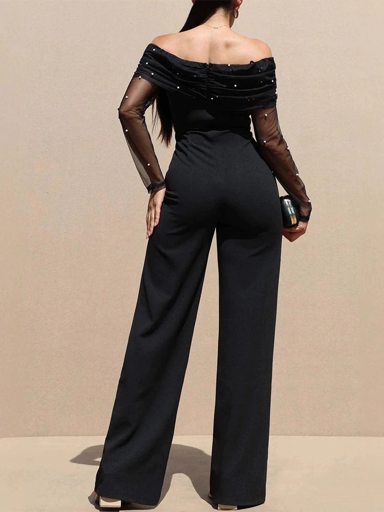 Off Shoulder High Waisted Mesh Panel Jumpsuit for Women