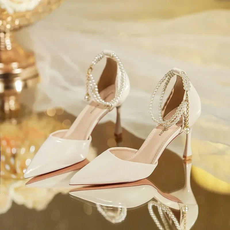 Pearl Stiletto Bow Ankle Pumps