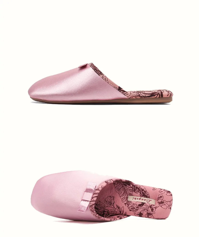 Elegant Silk Print Butterfly Knot Flat Slippers for Women