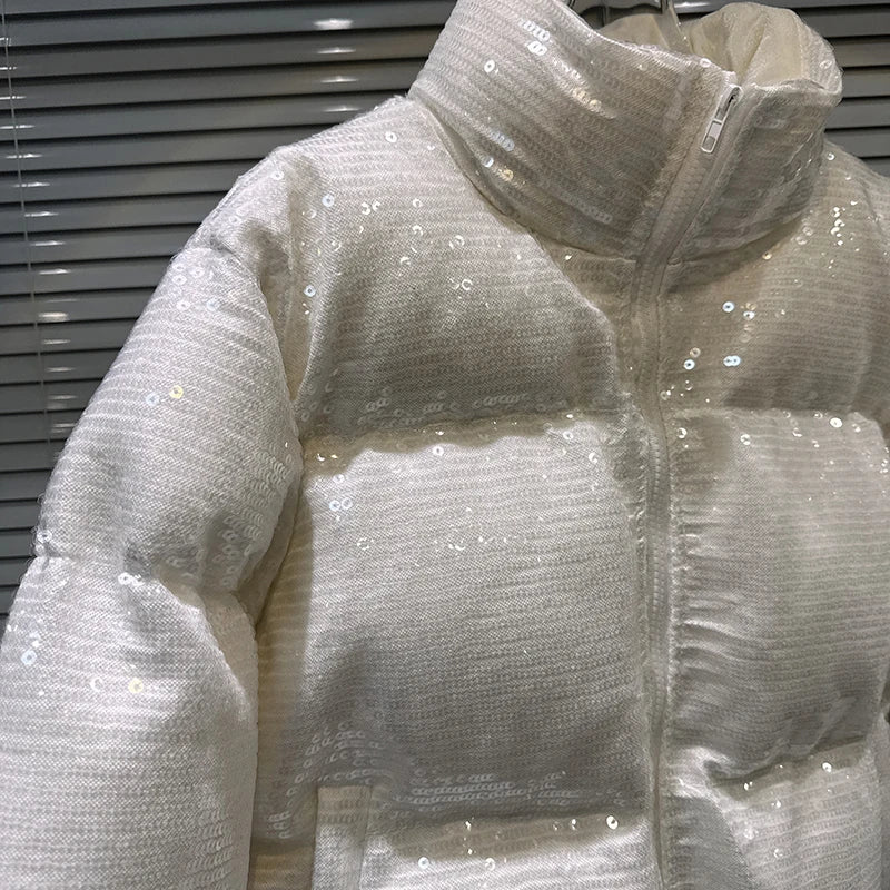 Shiny Sequin Stand Collar Padded Winter Jacket For Women