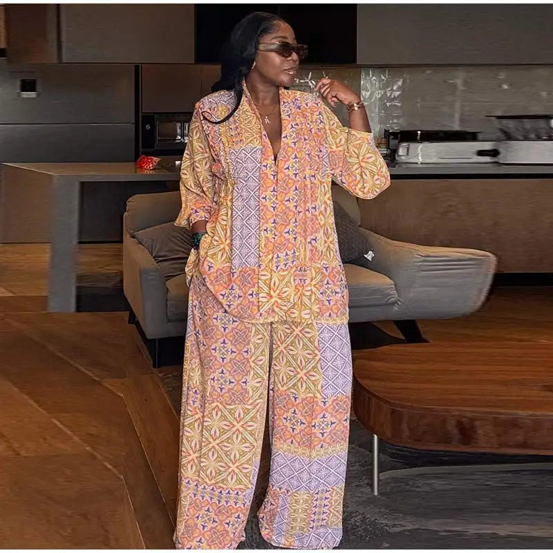 Casual Print Long Sleeve V-Neck Top Wide-Leg Trousers Two-Piece Set for Women