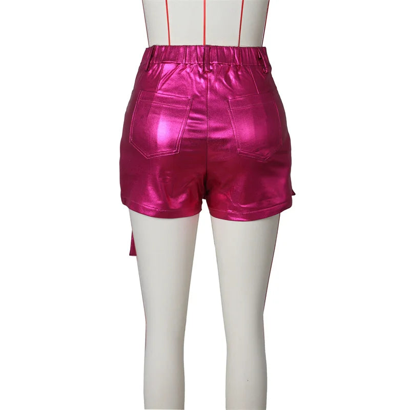 Shiny Metallic Irregular Shorts Skirts Women Y2K Clothing High Waist Button Fly Pockets Zipper Party Club Birthday Short Mujer