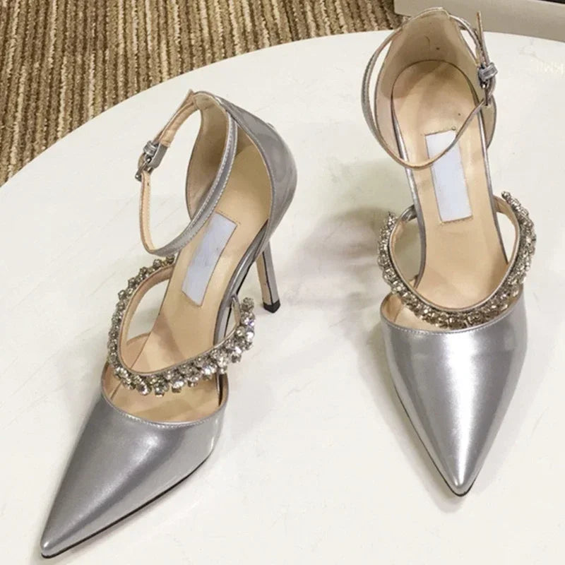 Crystal Embellished Pointed Toe Patent Leather Buckle Heels for Women