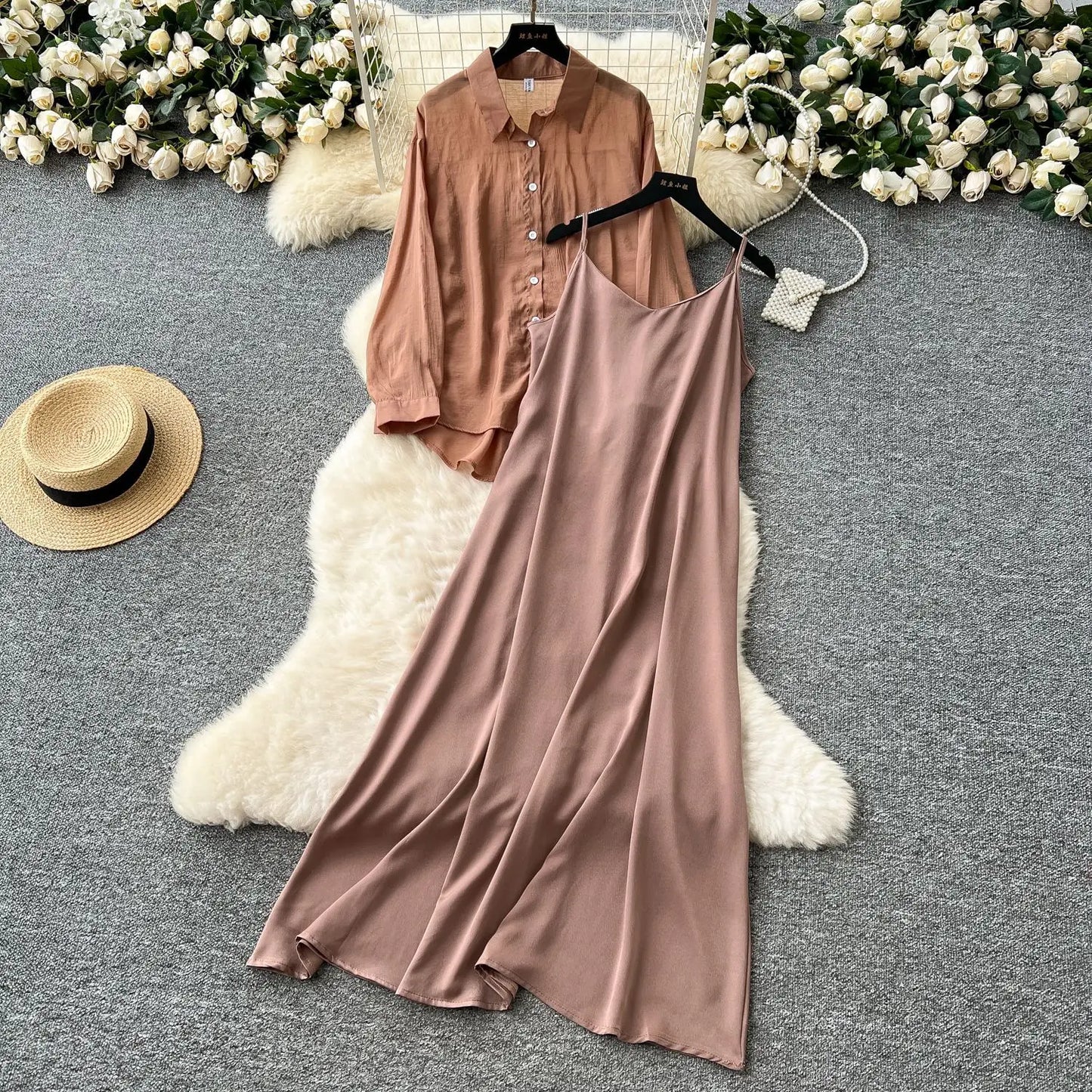 Elegant Long Sleeve Turn Down Collar Solid Color Two Piece Set for Women
