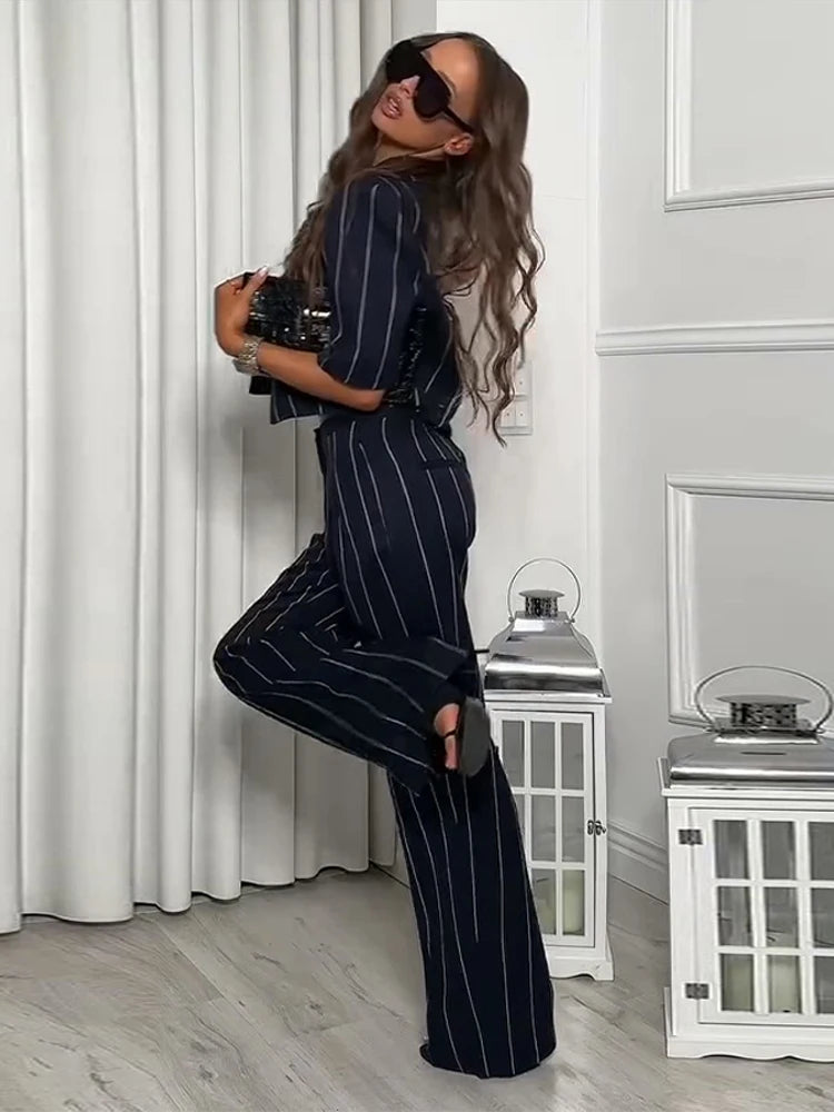 Elegant Striped Two Piece Coat and Pants Set for Women