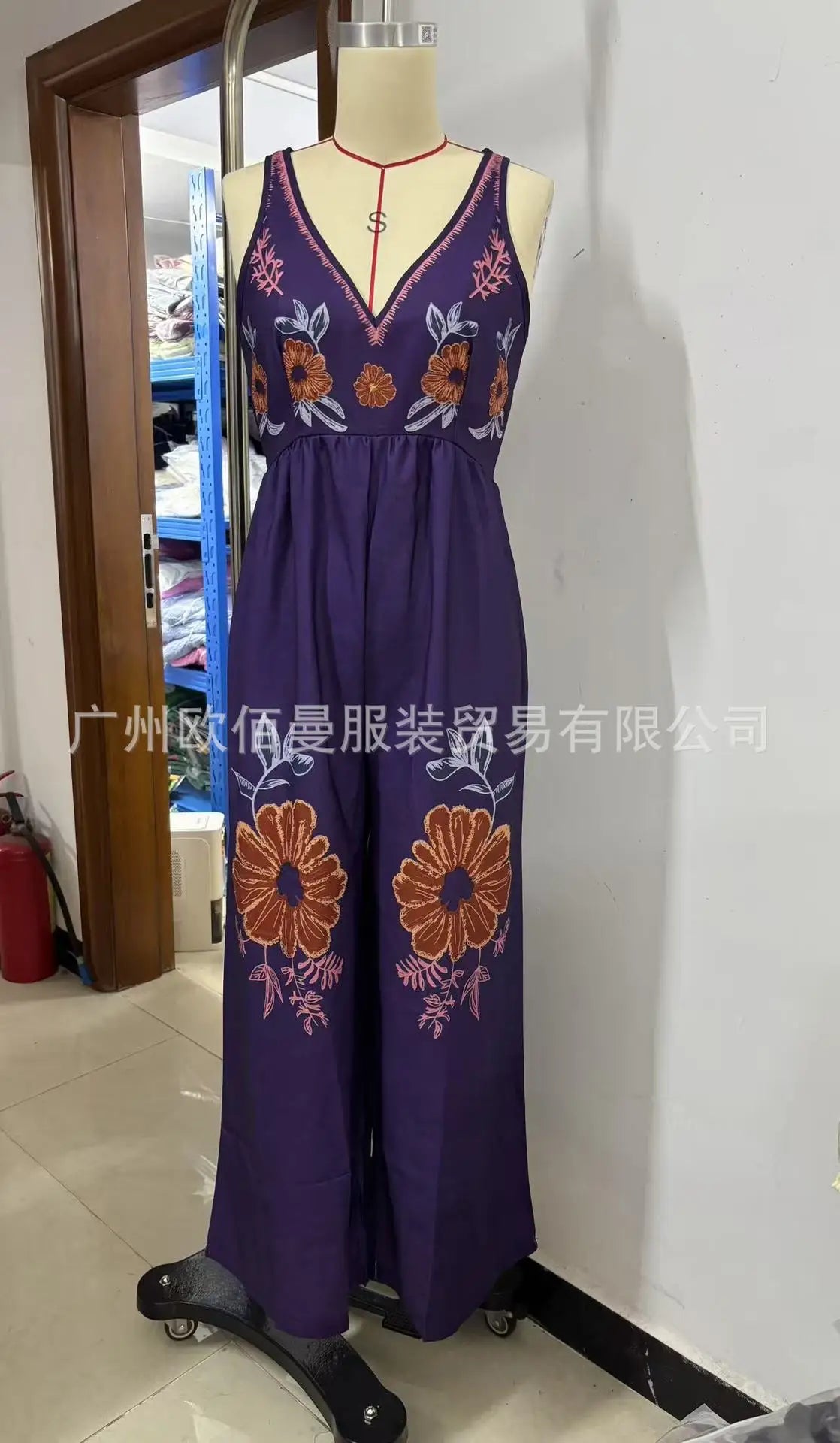 Casual Printed Loose Vneck Sleeveless Wide Leg Jumpsuit for Women