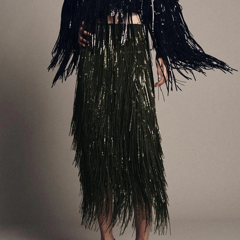 Fashion Lapel Button Shirt & Fringed Skirt Set Women Casual Long Sleeve Party Skirt Outfits Elegant Sequined Long Skirt 2Pc Suit