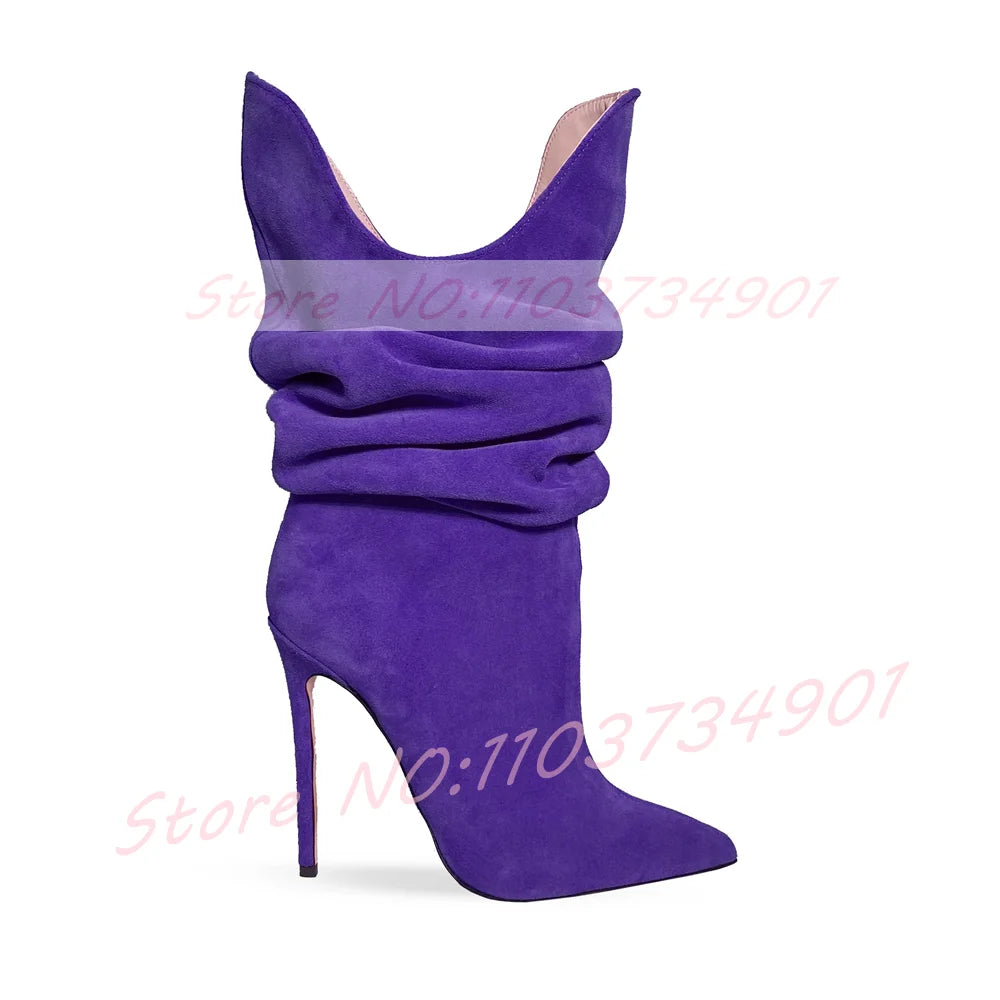 Fuchsia Pleated Pointy Toe High Heel Suede Ankle Boots For Women