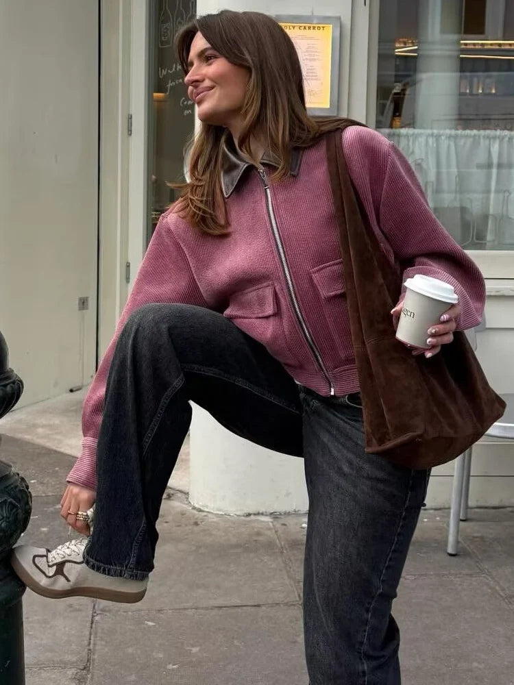Pink Corduroy With Zipper And Pockets Long Sleeve Jacket for Women