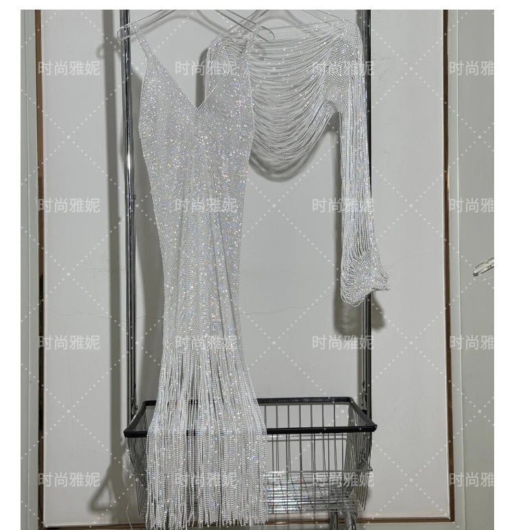Fashion Heavy Diamond Shawl Bust Long Sleeve Top Sexy Girl Evening Dress V-Neck Slim Hip Wrap Tassel Suspender Dress 2-piece Set