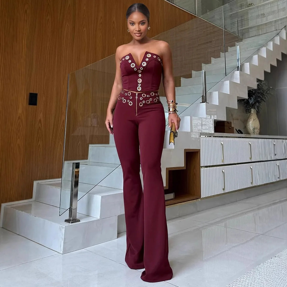 V Neck Top And Wide Leg Pants Set