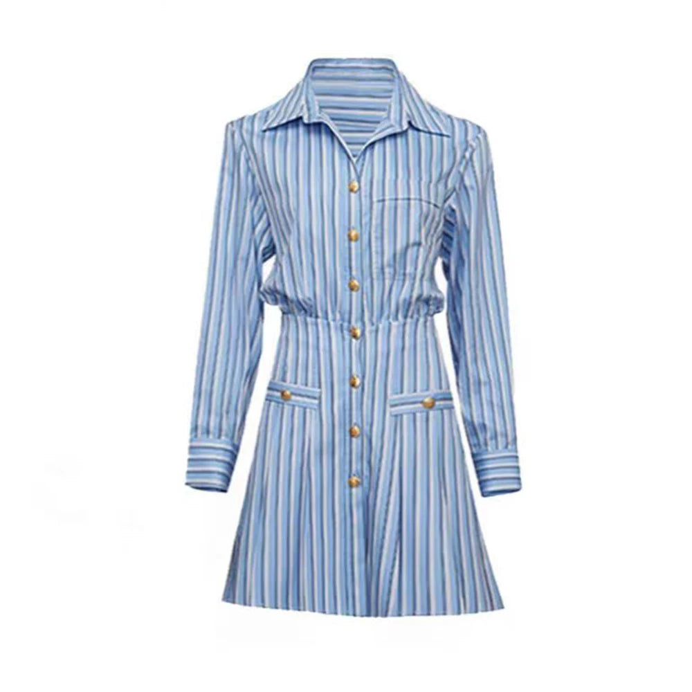 Blue and White Striped Korean Style Dress for Women