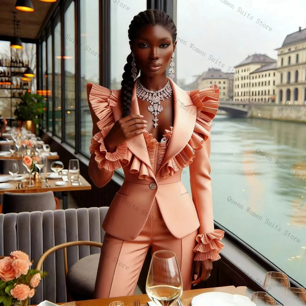 Sophisticated Ruffle Sleeve Two Piece Suit Set for Women