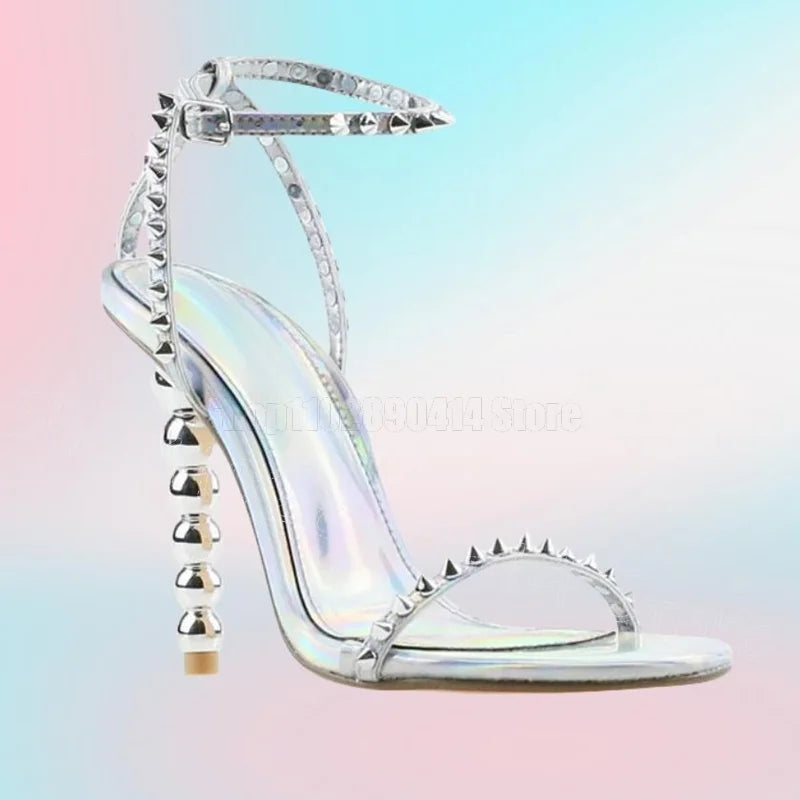 Rose Red Spiked Buckle Strap Heel Sandals for Women