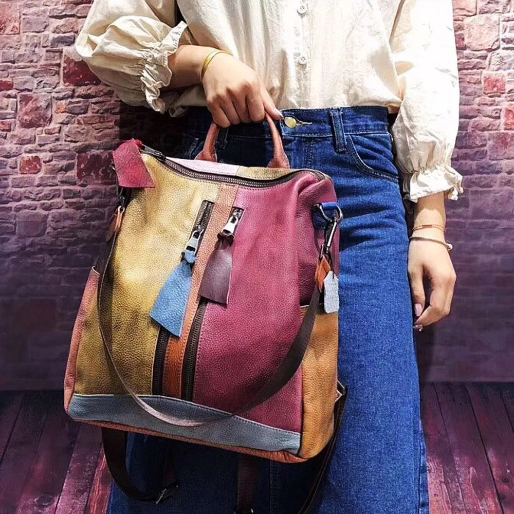 ABQP New Women's Backpack Luxury Brand Genuine Leather Handmade Color Women's Backpack Large Capacity Travel Leisure Backpack