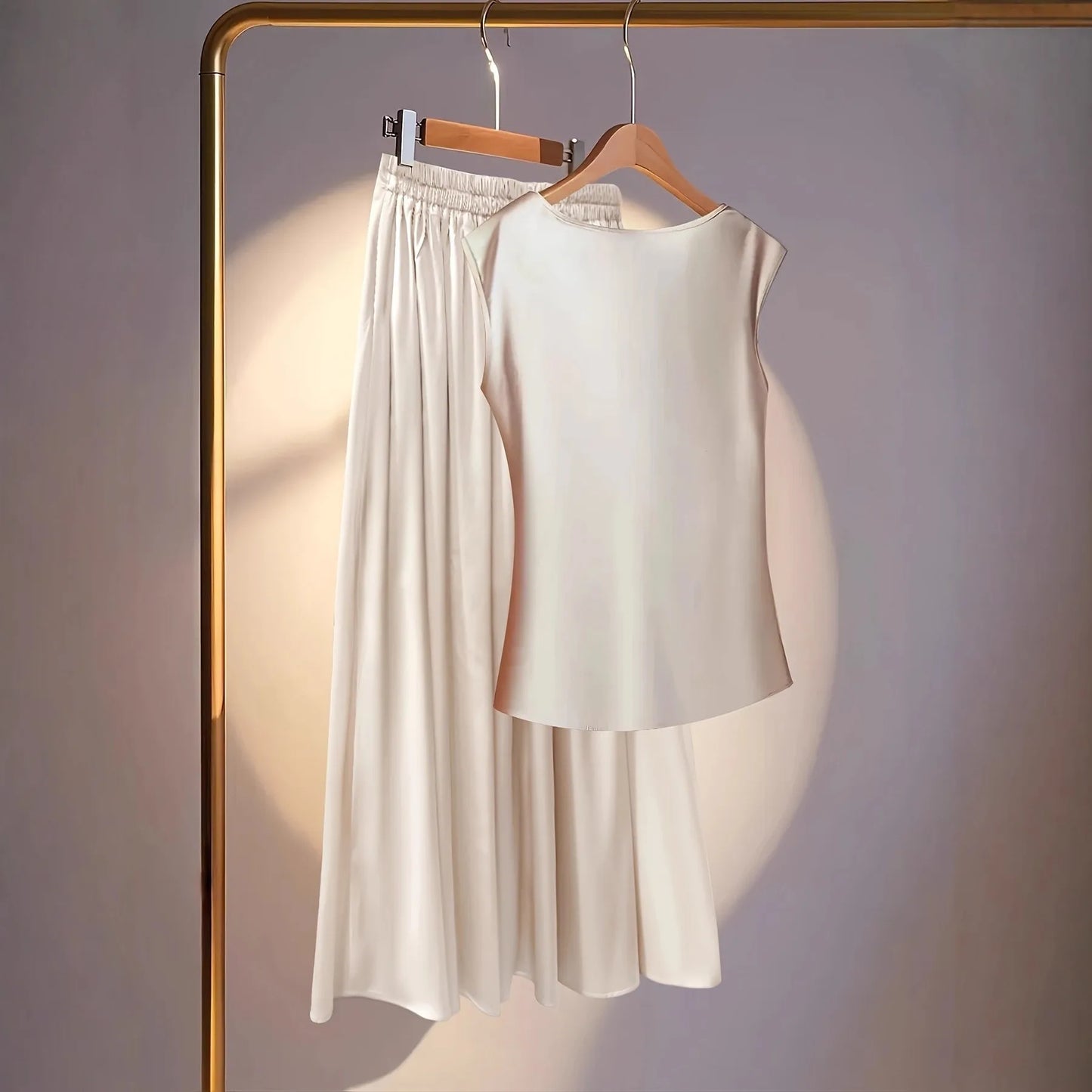 Women Satin Two Piece Set Cowl Neck Sleeveless Top and Long Skirt Matching Set Satin Blouse and Midi Skirt Outfit for Women