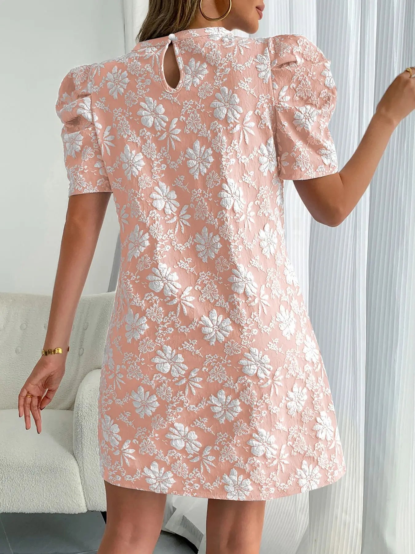 Textured Jacquard Puff Sleeve Midi Dress for Women