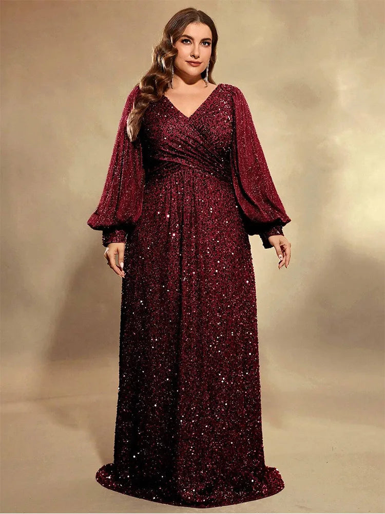 Plus Size V Neck Sequin Evening Dress