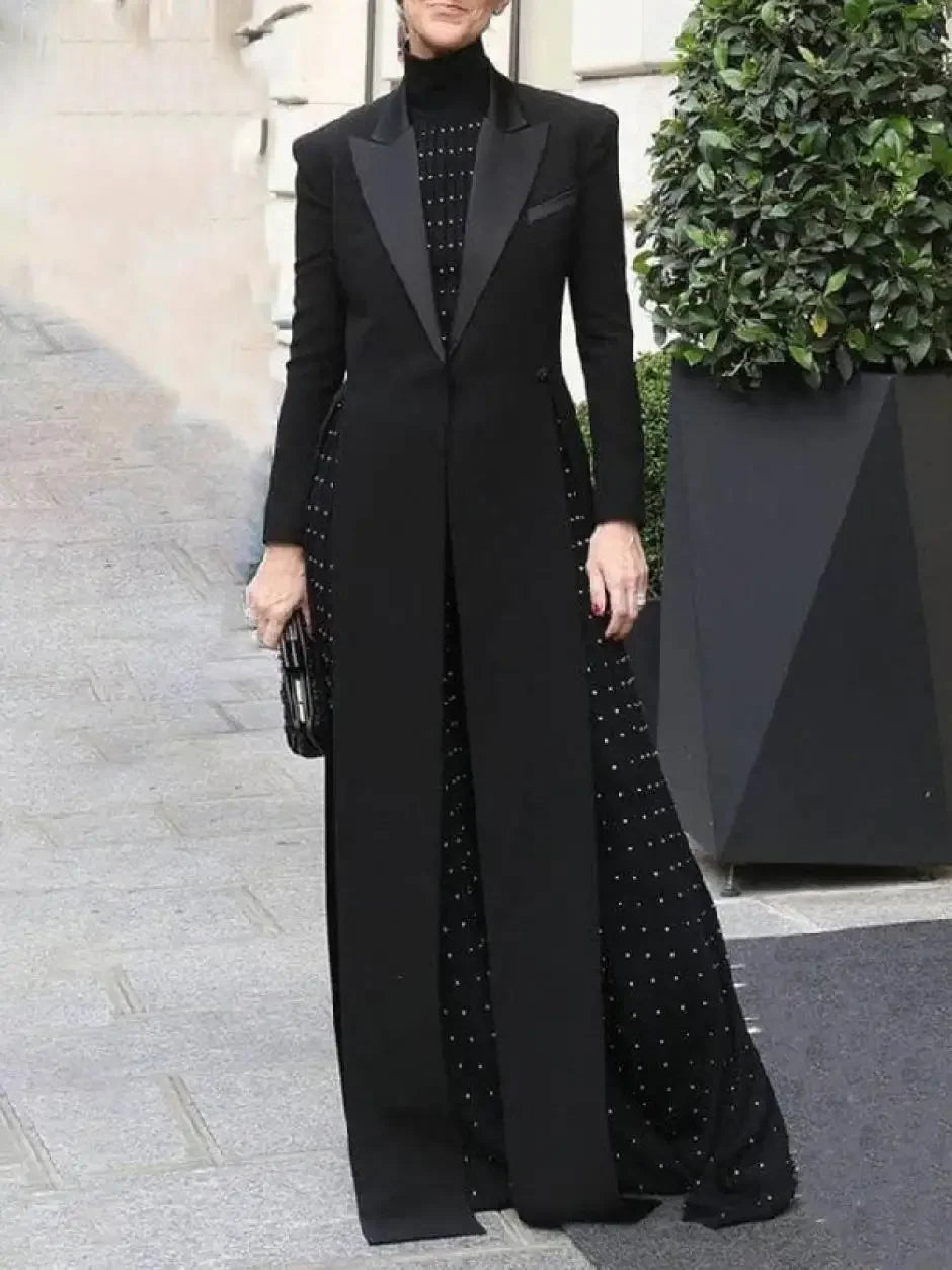 Bonboho 2026 Women's Elegant Blazer Jacket Solid Black Slim Long Sleeve Extra-Long Splited Blazer Coat Female Formal Outerwear