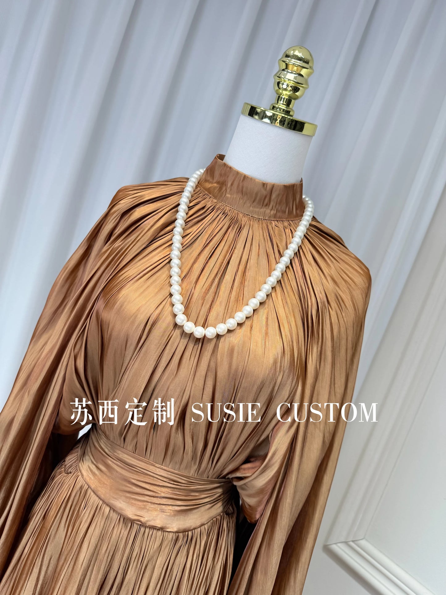 French Retro Palace Stand Collar Pleated Waist Tie Lantern Sleeves Large Swing Long Dress High Waist Elegant Vacation Dress