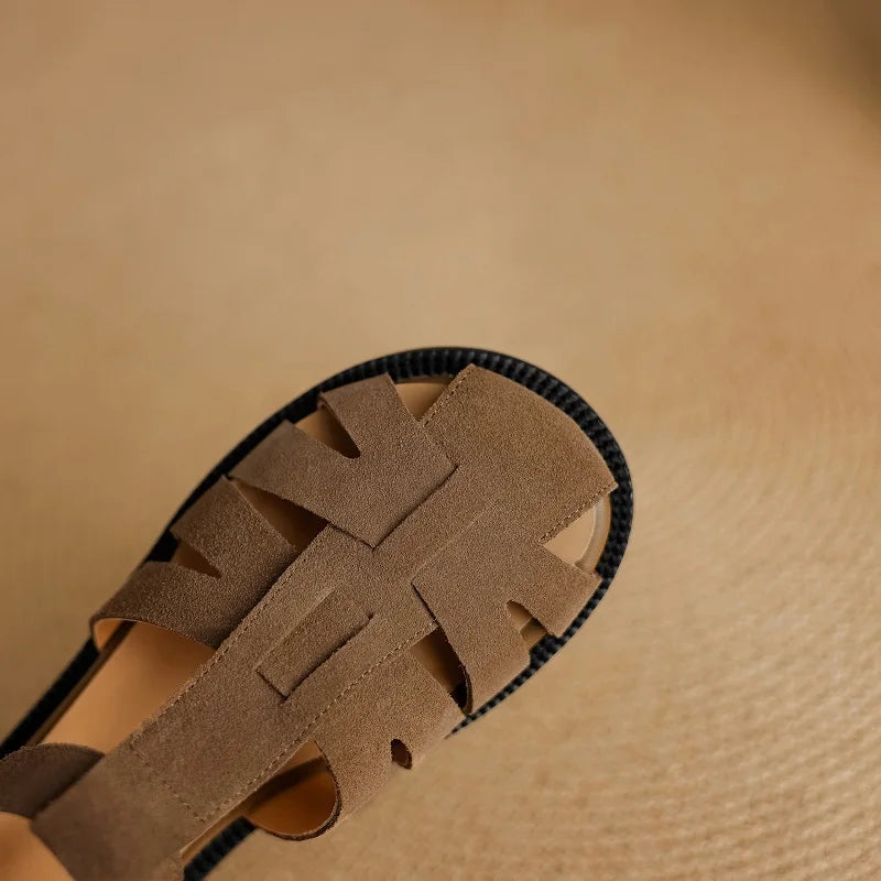 Retro Cowsuede Buckle Strap Closed Toe Sandals for Women