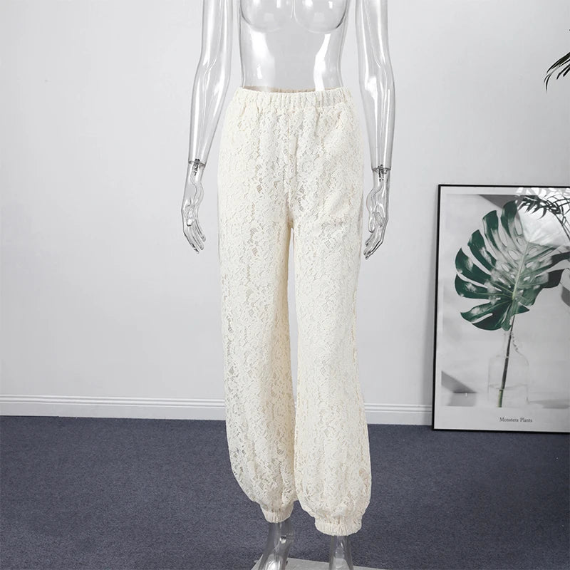 Bohemian Lace Trim Elastic Waist Lounge Pants for Women