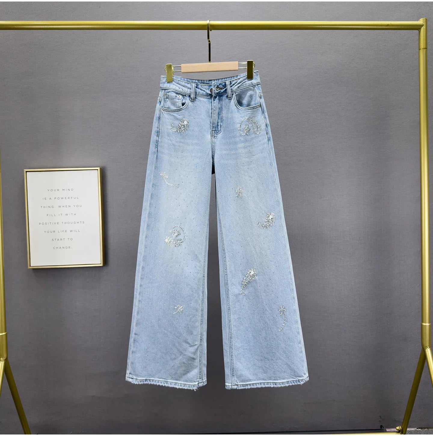 Heavy Hot Diamond Denim Loose Pants Women's 2026 Spring New Fashion High Waist Loose Slimming European Goods Long Mop Pants